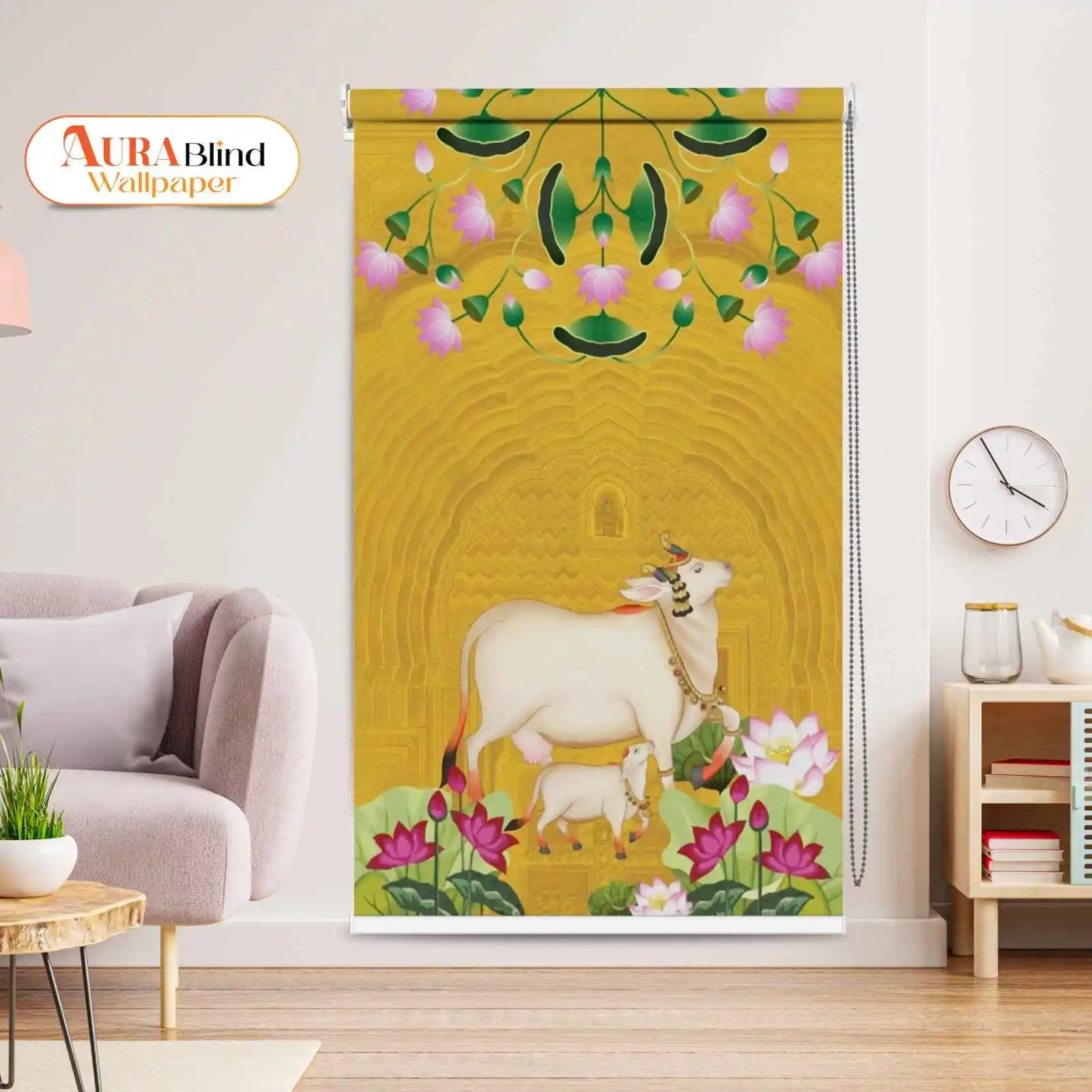 Golden Temple Gauvansh Pichwai Art Roller Blind with divine cow and calf design in golden temple arch background with lotus flowers