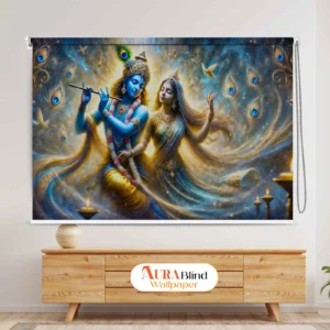 Krishna Radha Divine Cosmic Art Pooja Room Roller Blinds with divine celestial background and peacock motifs