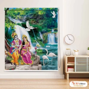 Krishna & Radha by the Waterfall Roller Blind featuring Krishna and Radha sitting near a waterfall with white doves, flamingos, and lush nature scenery