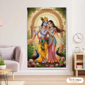 Krishna and Radha floral garden roller blind with peacocks and lotus artwork