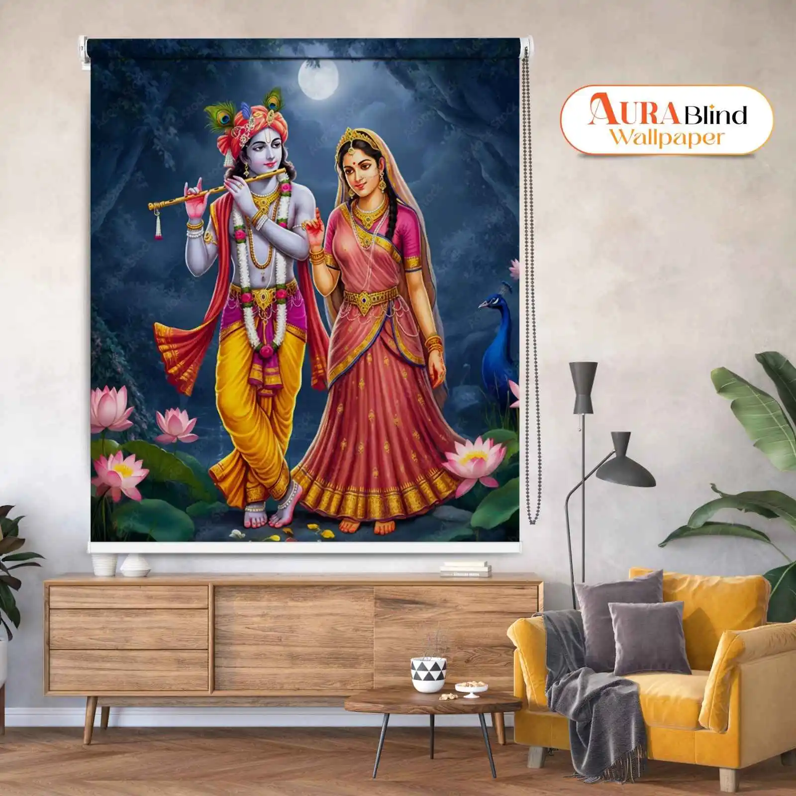 Krishna and Radha Romantic Night Walk Pooja Room Roller Blinds