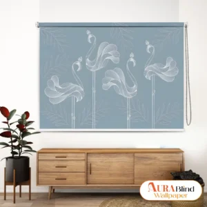 Minimal Line Art Bird Roller Blind with white bird illustrations on a soft blue background in a modern interior