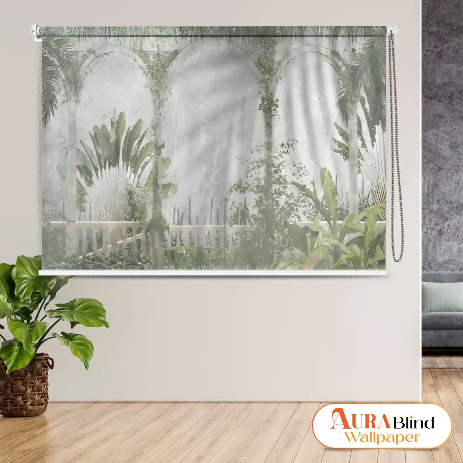 Botanical courtyard arch design roller blind with tropical plants and soft neutral tones for modern interiors
