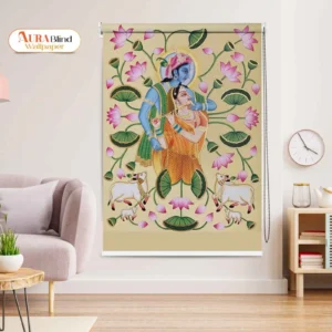 Pooja Room Roller Blind with Krishna and Radha artwork and Lotus Floral Design