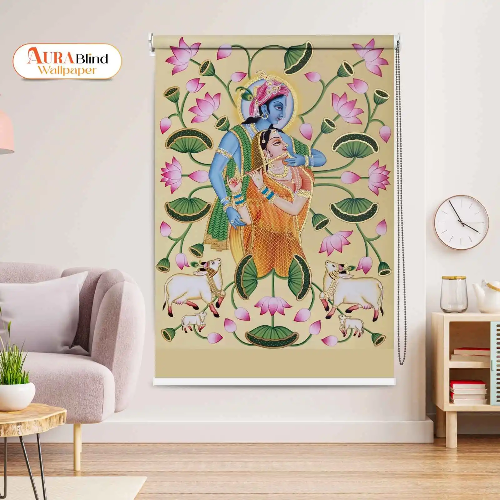 Pooja Room Roller Blind with Krishna and Radha artwork and Lotus Floral Design