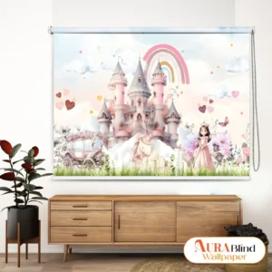 Fairytale castle roller blind with unicorn, princess, rainbow, and pastel fantasy design for kids room