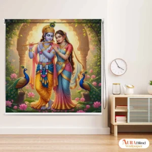 Radha Krishna Divine Harmony Roller Blind with Peacock & Lotus Artwork