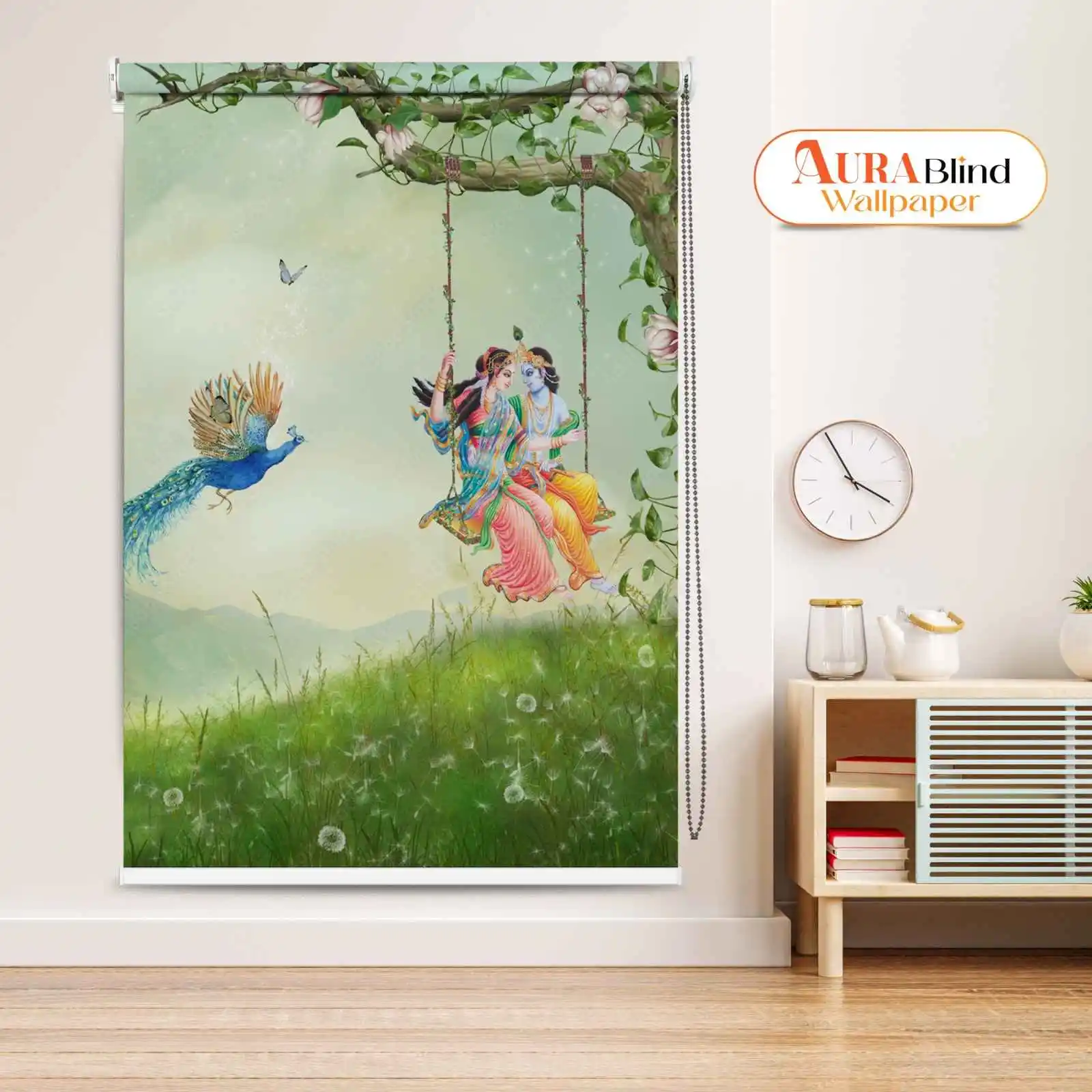 Radha Krishna Romantic Swing Under Blossoming Tree Roller Blind with peacock and floral background