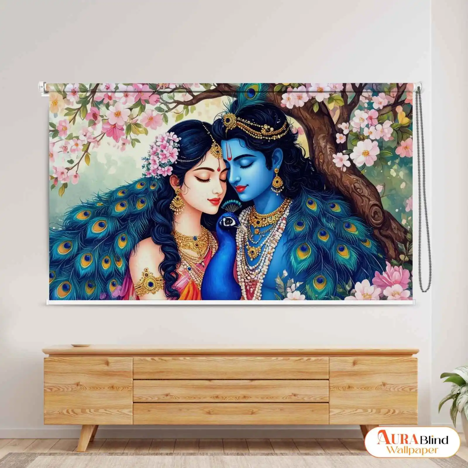 Roller blind featuring Krishna and Radha sitting under a tree with peacocks and lotus flowers