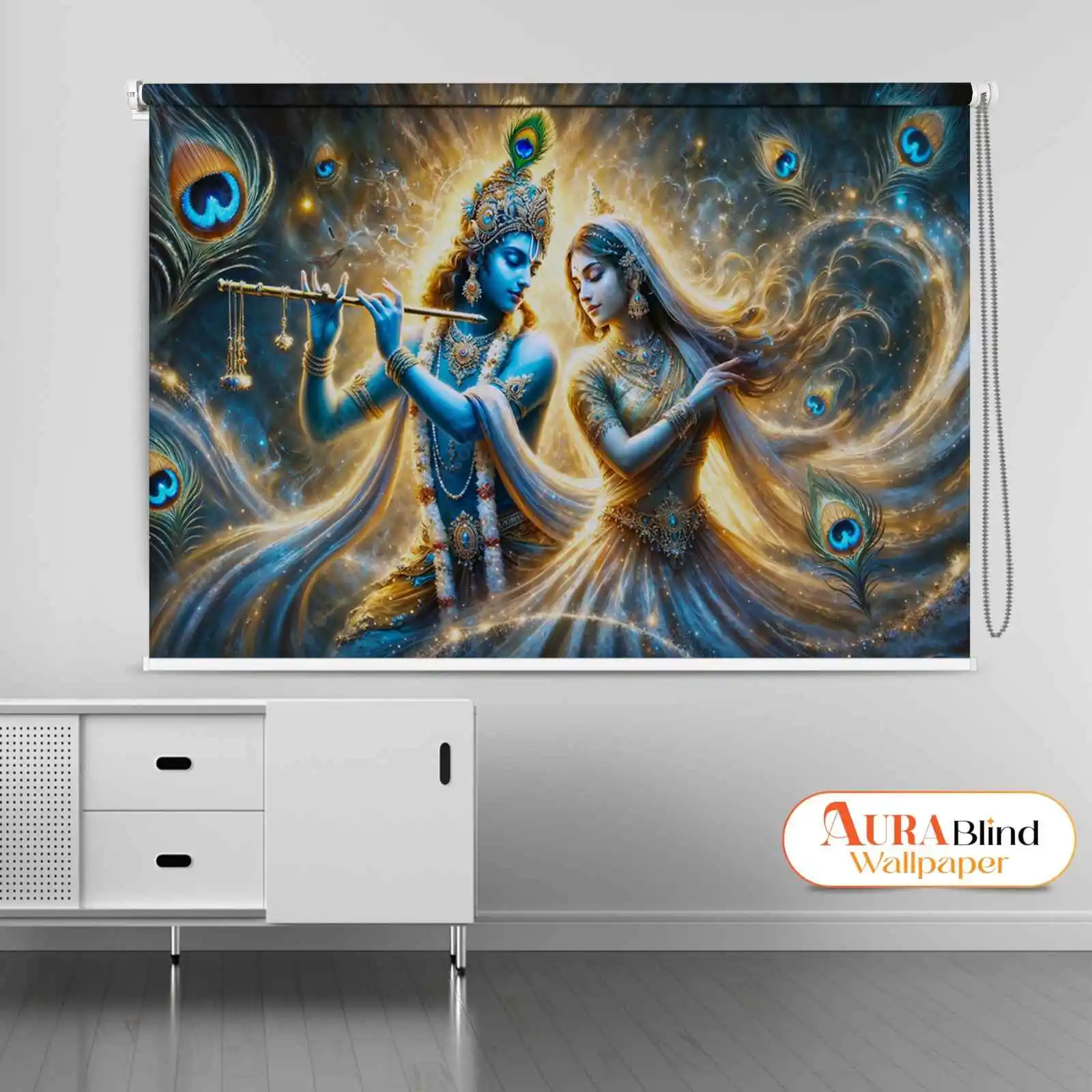 Romantic Krishna and Radha Ethereal Art Temple Roller Blind featuring divine Krishna and Radha cosmic artwork with glowing peacock feather details