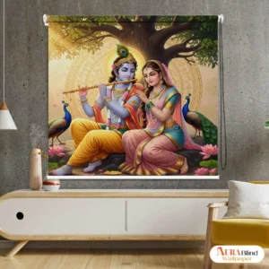 Romantic Spiritual Roller Blind featuring Krishna and Radha sitting under a tree with peacocks and lotus flowers