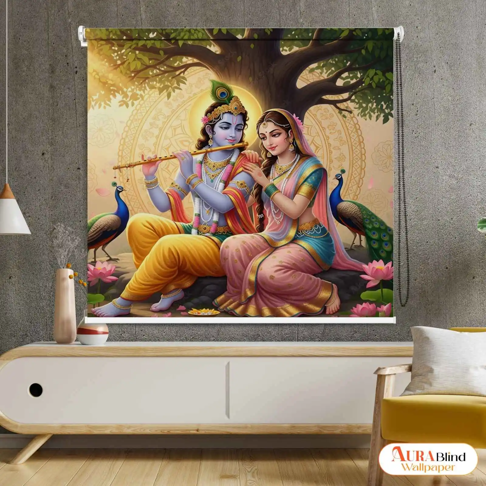 Romantic Spiritual Roller Blind featuring Krishna and Radha sitting under a tree with peacocks and lotus flowers