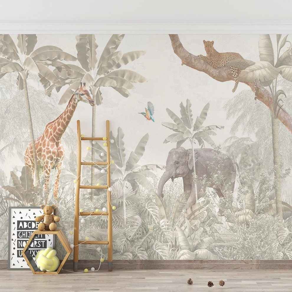 Safari Jungle Animals Wallpaper with giraffe, elephant, leopard, tropical plants, and birds in a kids’ room