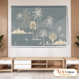 Scenic palm landscape roller blind with tropical trees, birds, and mountains in a modern interior