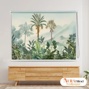 Soft Landscape Tropical Roller Blind with layered botanical foliage and misty landscape design in a modern interior