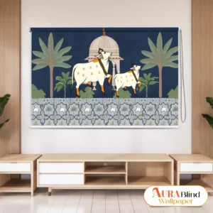 Traditional Indian Pichwai Cow Motif Roller Blind with folk art design and temple background for home décor