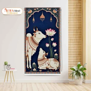 Traditional Rajasthani Divine Lotus Cow Pichwa Roller Blind with traditional Pichwai cow and lotus artwork in a navy blue decorative frame