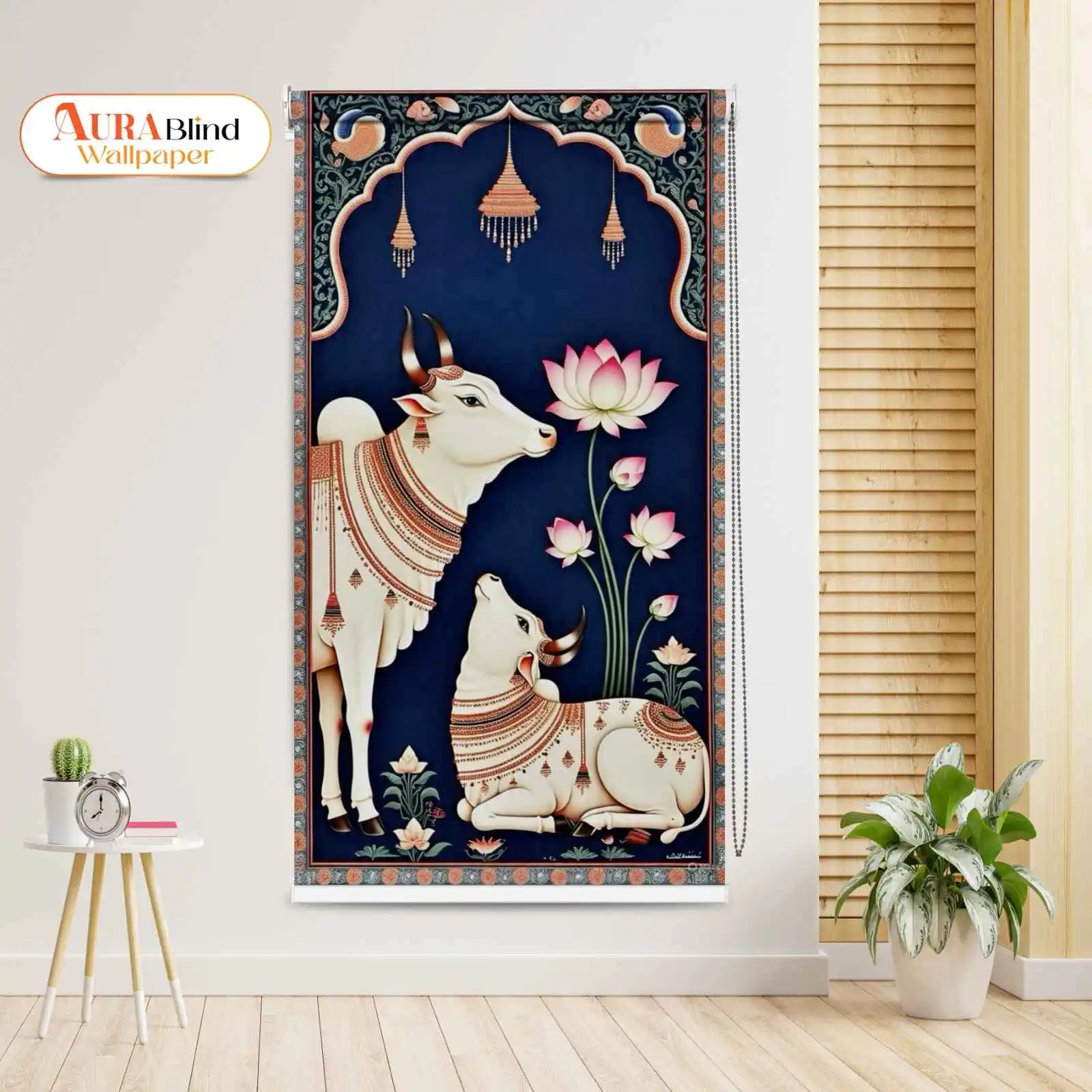 Traditional Rajasthani Divine Lotus Cow Pichwa Roller Blind with traditional Pichwai cow and lotus artwork in a navy blue decorative frame