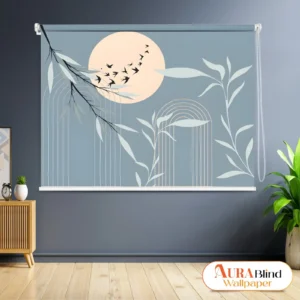 Modern abstract roller blind with sun, birds, and minimalist botanical design on a soft blue background