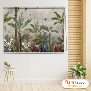Tropical Jungle Forest Design Roller Blind with palm trees, lush foliage, birds, and butterflies in a modern interior