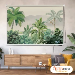 Tropical jungle landscape Roller Blind with lush green palm leaves and botanical foliage in a modern interior