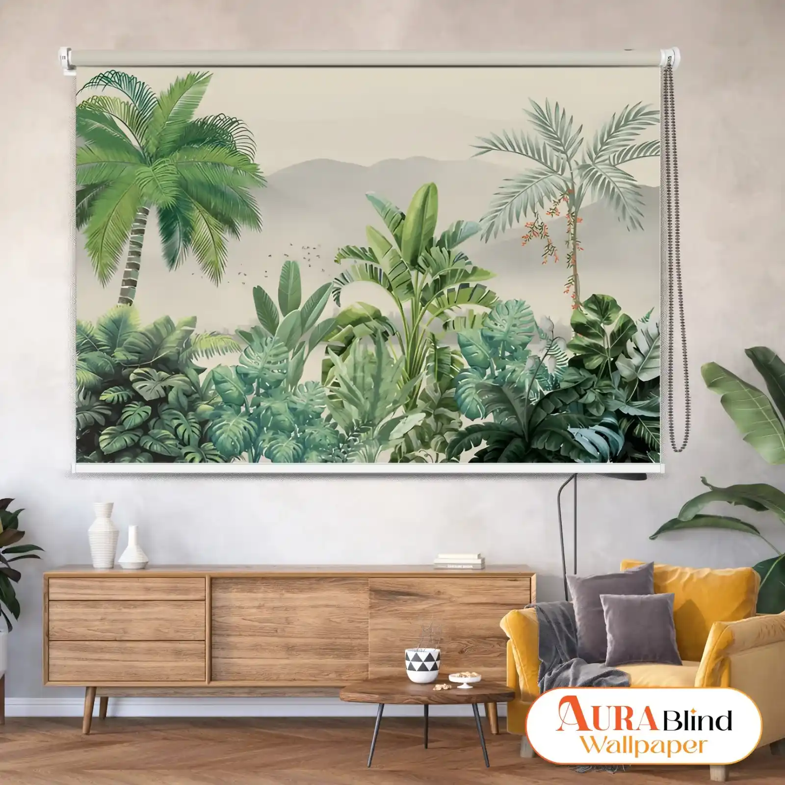 Tropical jungle landscape Roller Blind with lush green palm leaves and botanical foliage in a modern interior