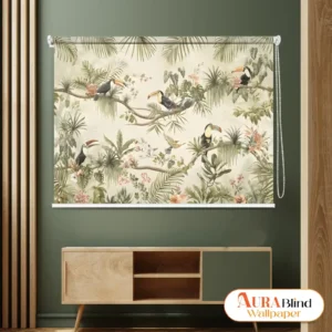 Tropical toucan garden roller blind with birds, palm leaves, and botanical floral design in a modern interior