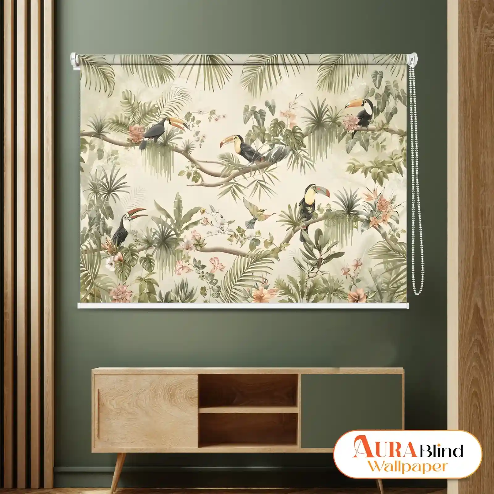 Tropical toucan garden roller blind with birds, palm leaves, and botanical floral design in a modern interior