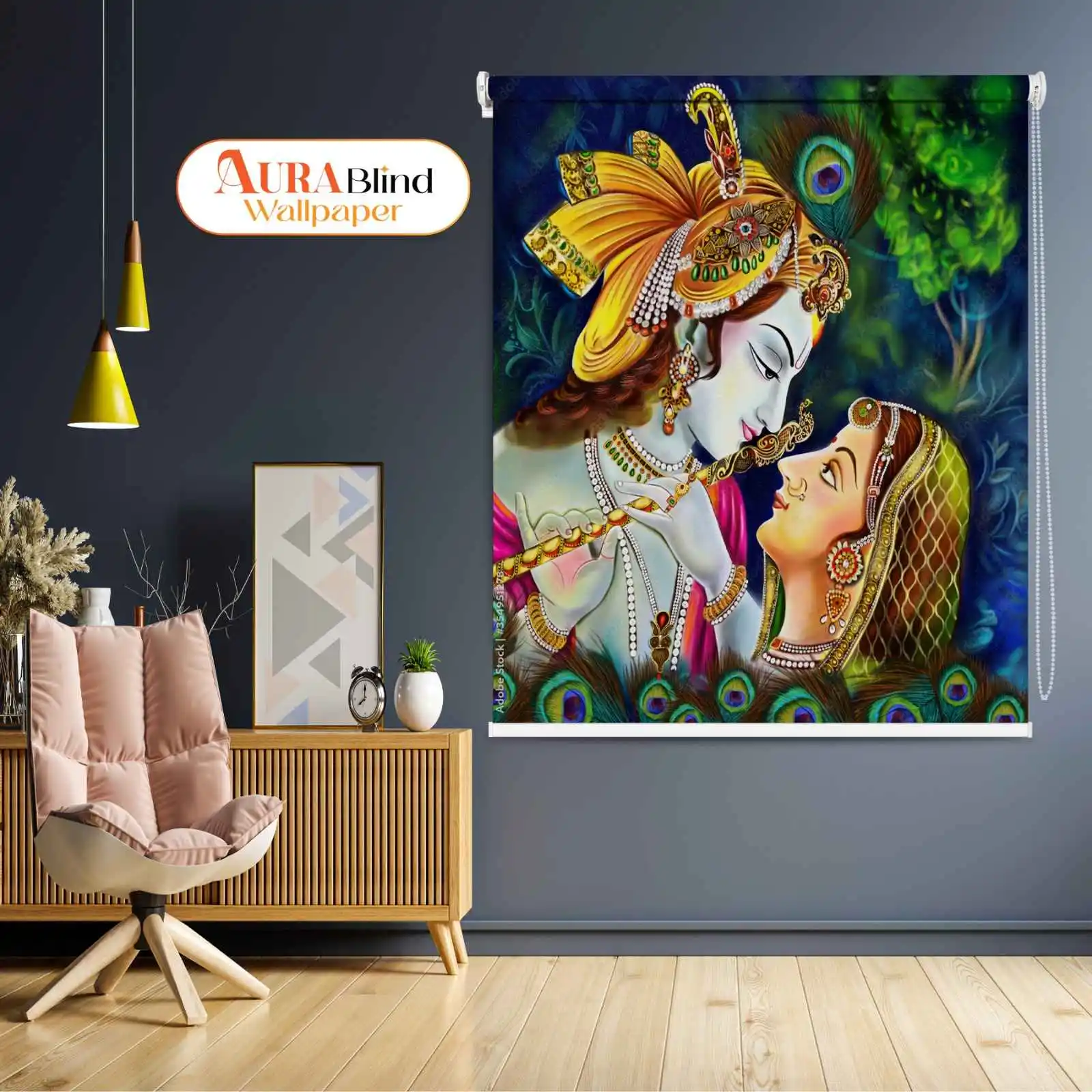 Vibrant Spiritual Radha Krishna Divine Love Roller Blind for Temple or Pooja Room featuring divine couple illustration with vibrant background, decorative peacock feathers, and spiritual home décor