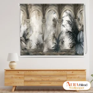 Vintage Botanical Archway Roller Blind with Tropical Archway Architecture and Botanical Design