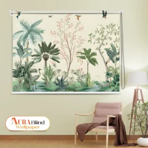 Roller blind featuring a soft green botanical garden illustration with tropical plants and birds