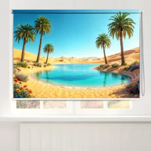 Vastu-inspired desert oasis roller blind with palm trees and blue water landscape.