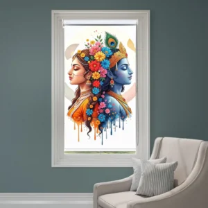 Divine Harmony Radha Krishna Dual Portrait Roller Blind with floral peacock feather artwork for pooja room and home decor