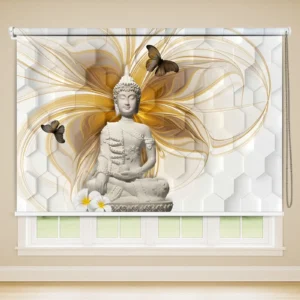 Divine Harmony White & Gold Buddha Roller Blind with Abstract Flow and Butterfly Accents