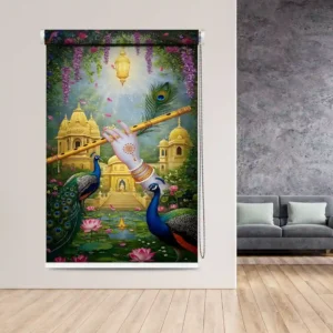 Divine Krishna Flute Palace Garden Design Roller Blind for Puja Room