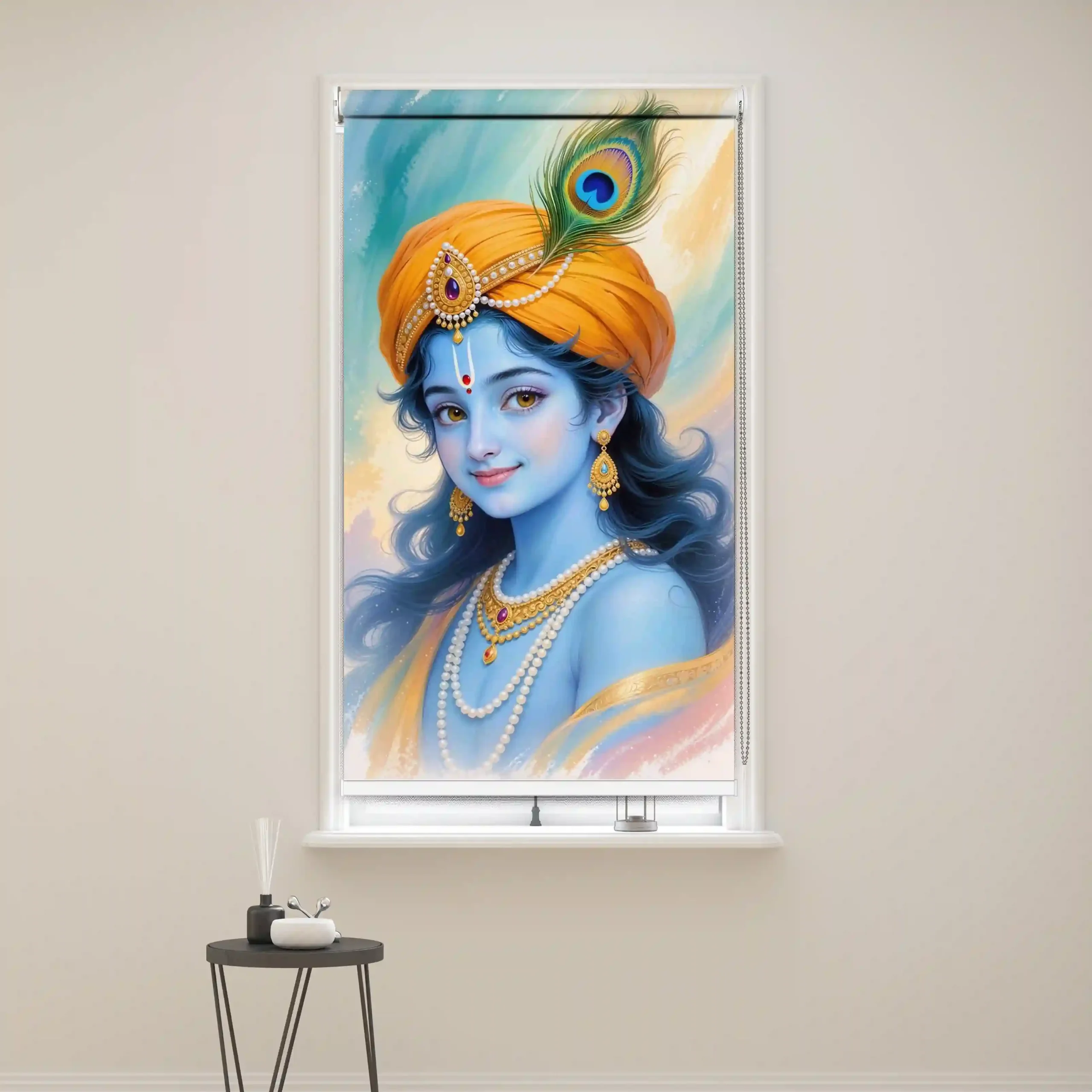 Divine Krishna Portrait Roller Blind with Peacock Feather