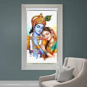Radha Krishna devotional roller blind with flute art and spiritual Indian design
