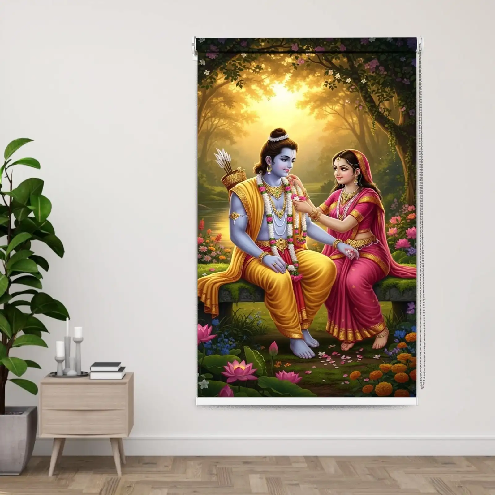 Divine Ram–Sita Forest Harmony Roller Blind for Temple