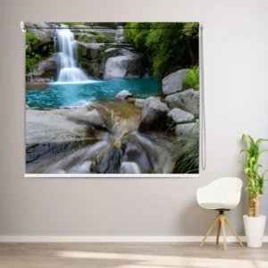 Flowing Waterfall Nature and Vastu-inspired Roller Blind with flowing water, rocks, and greenery symbolizing peace and prosperity
