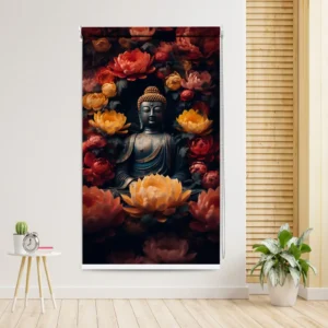 Golden Buddha Lotus Meditation Roller Blind with lotus flowers for spiritual and prayer room decor