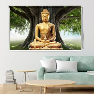 Golden Buddha meditating under Bodhi tree roller blind for a peaceful and spiritual home decor