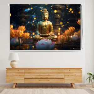 Golden Buddha with Floating Lotus Lights Roller Blind Design