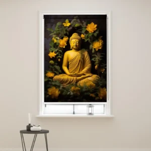 Golden Floral Buddha Serenity Roller Blind with yellow flowers and serene spiritual decor design