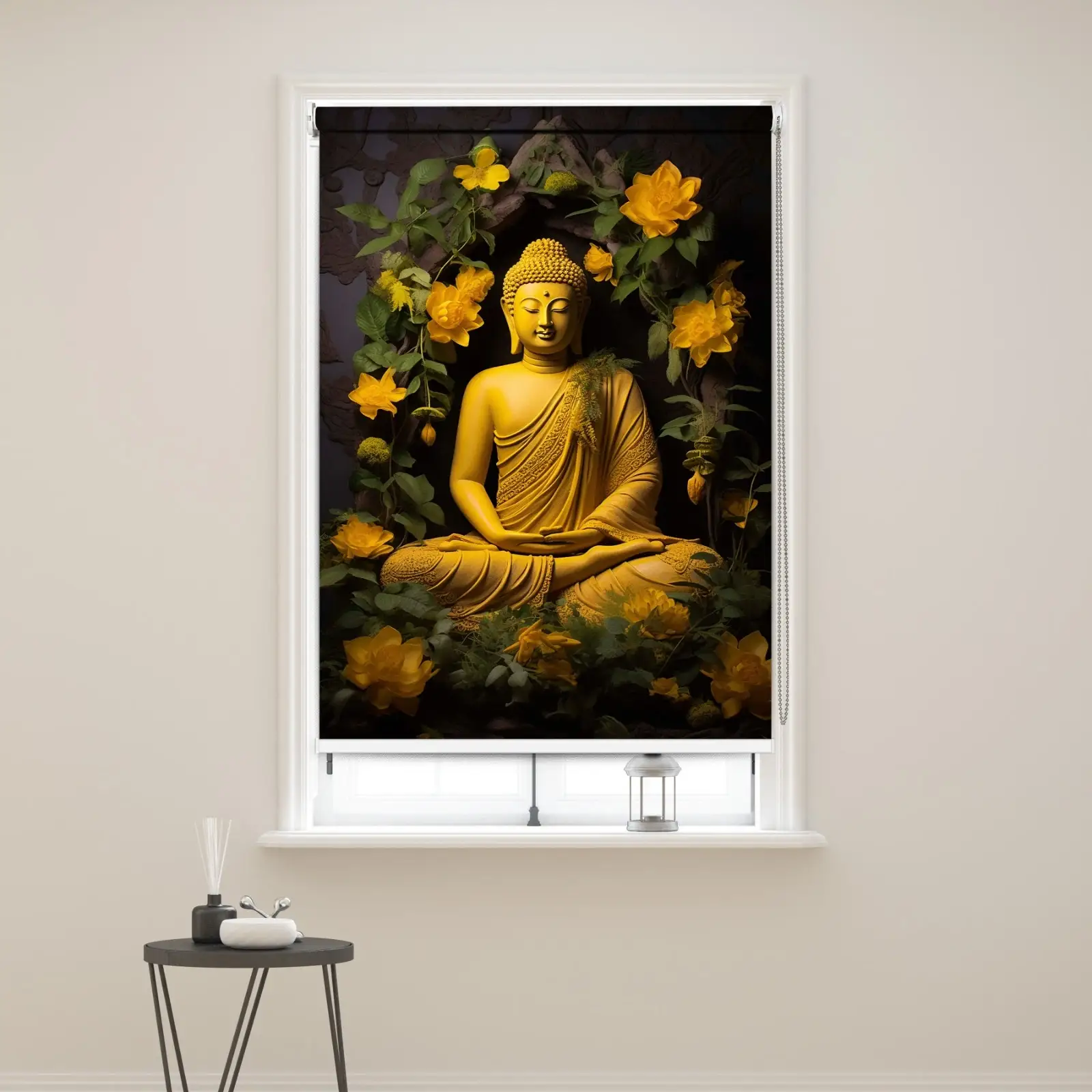 Golden Floral Buddha Serenity Roller Blind with yellow flowers and serene spiritual decor design