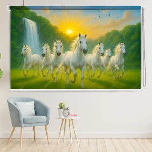 Seven white horses running toward sunrise near a waterfall printed a vastu roller blind