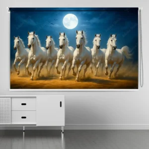 Seven white horses running under a full moon, Vastu roller blind for prosperity and success