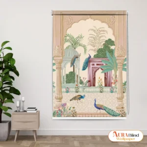 Peacock and Mughal Garden Inspired Imperial Palace Courtyard Roller Blind