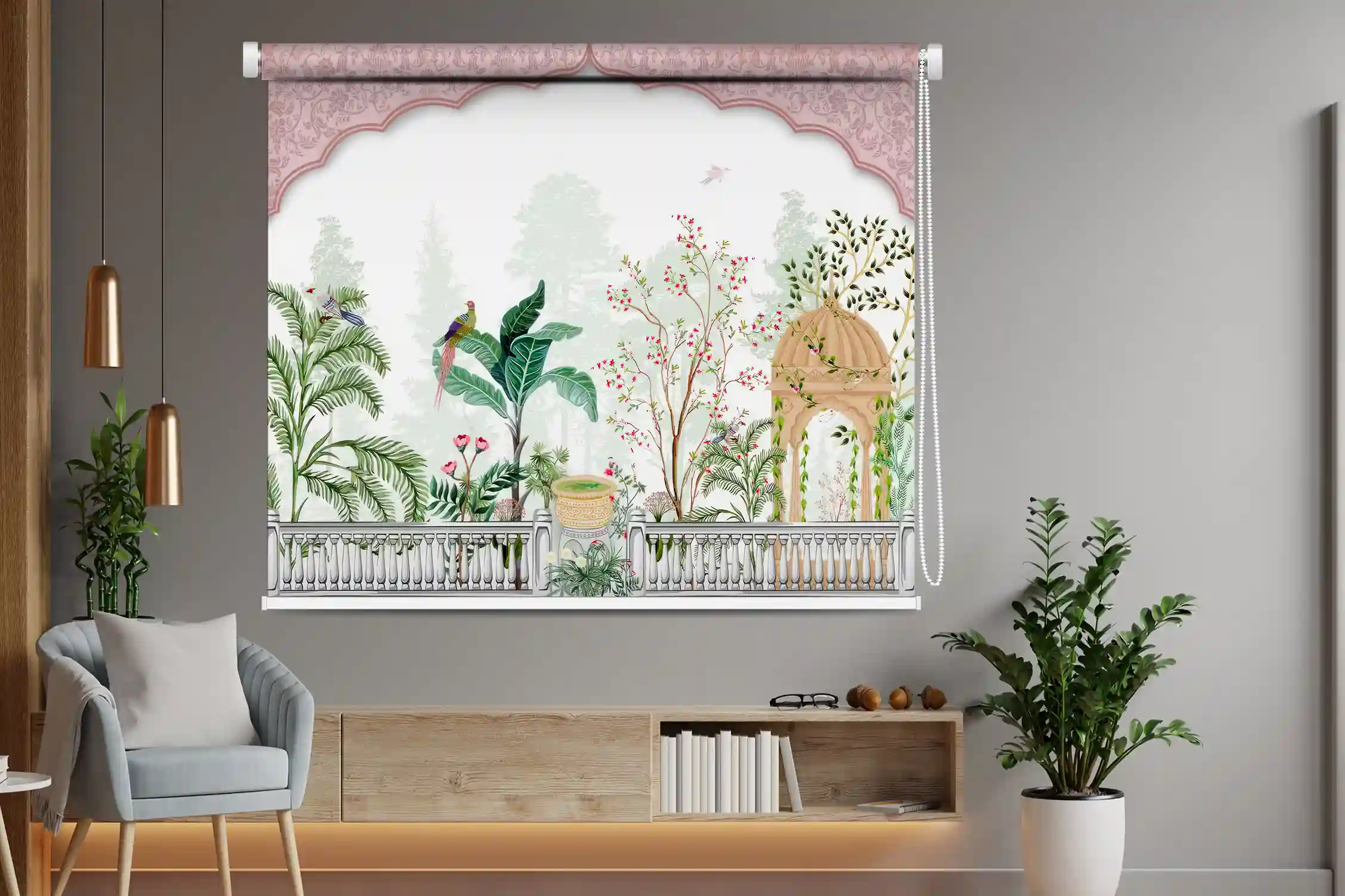 Royal Garden Pavilion Roller Blind with Birds & Floral Arch Design