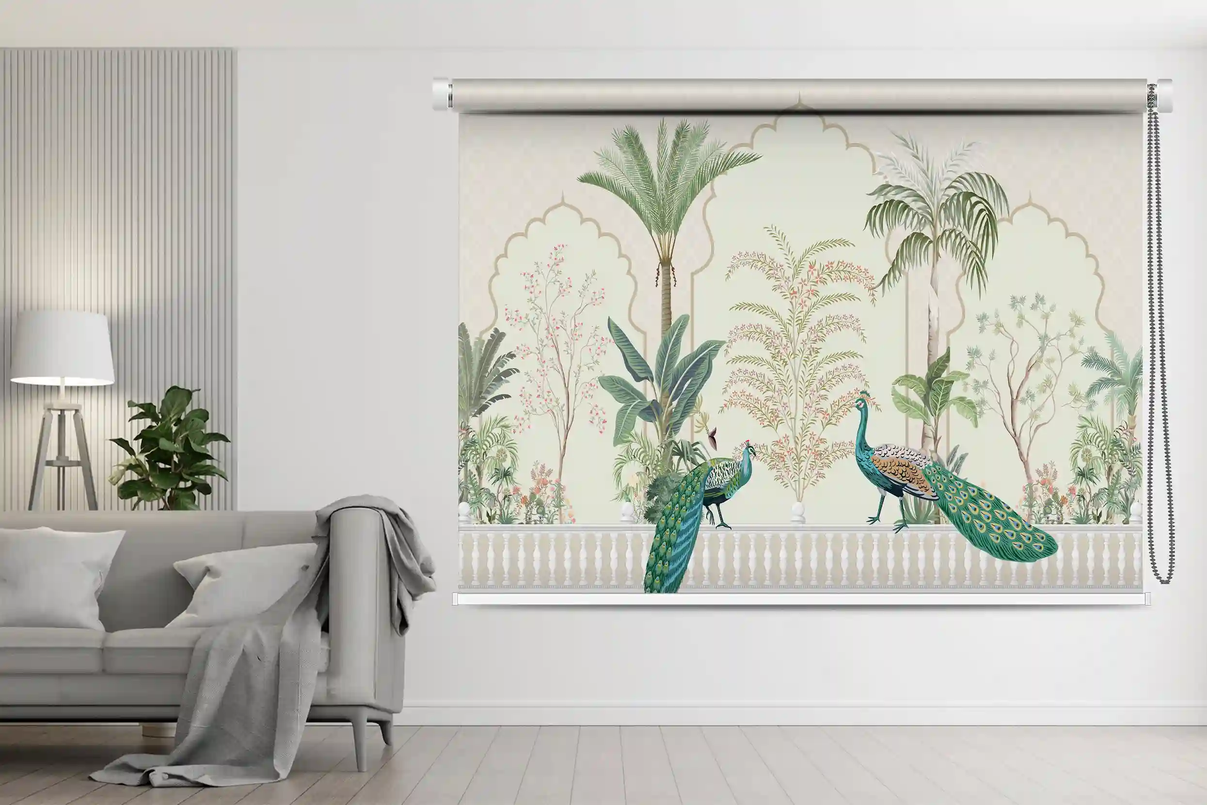 Royal Peacock Garden Arch Designer Roller Blind Inspired by Mughal Nature Art