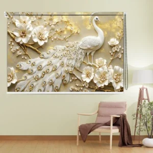Royal White Peacock & Golden Blossom Luxury Roller Blind